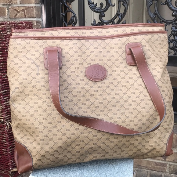 Vintage GUCCI Monogrammed Brown Tan Leather Canvas Satchel Purse - Picture 1 of 13